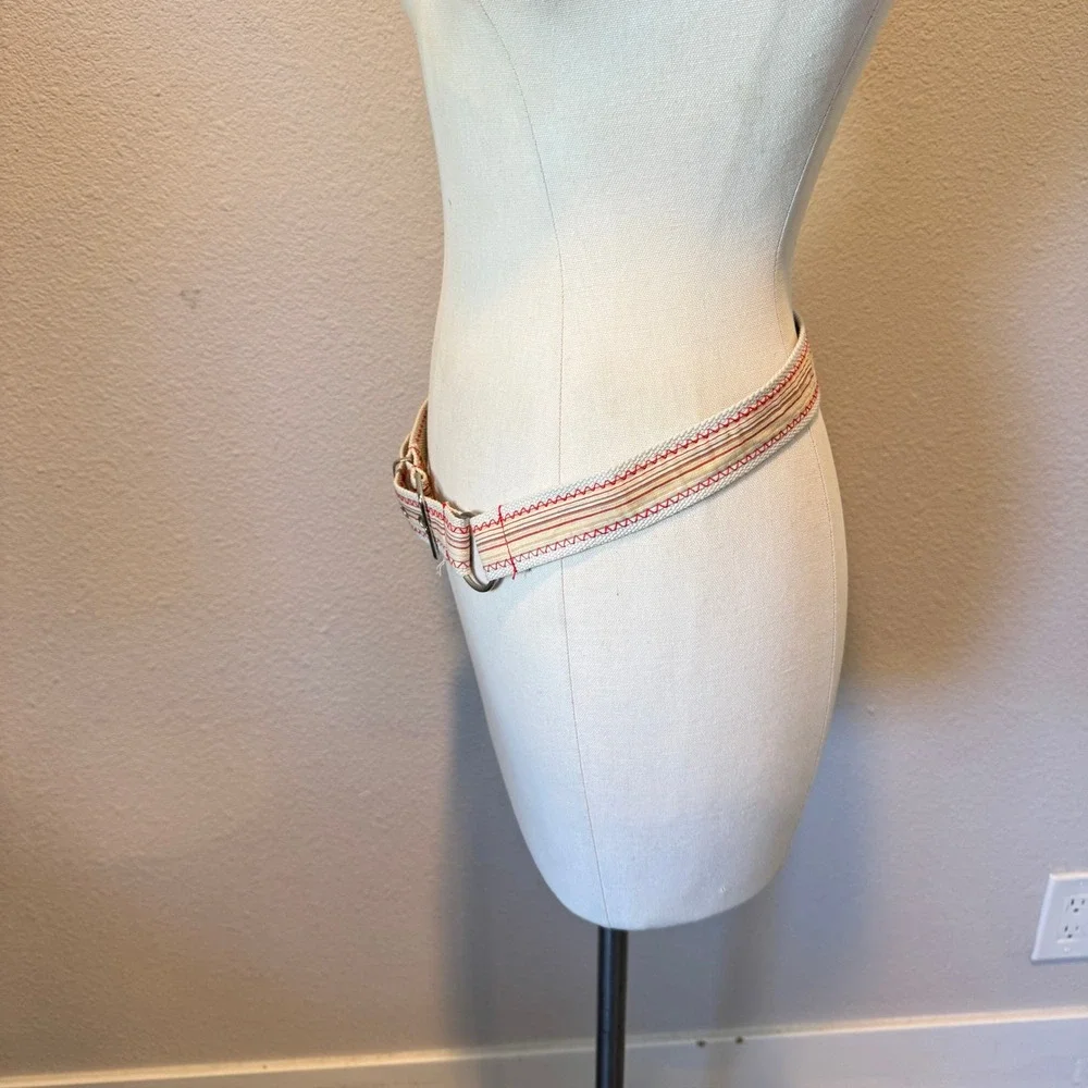 Woven Canvas Striped Belt Red Cream Silver Buckle D-Ring Grommet Casual Boho